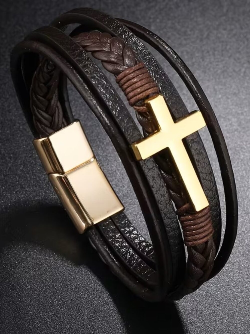 Men's Gold Cross w/ Brown Bracelet Christian Faith Religious Jesus Wristband